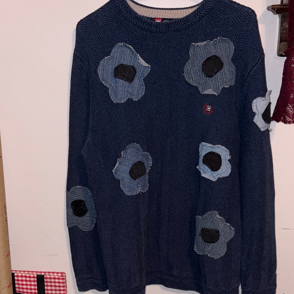 Chaps Blue Sweater with Denim Floral Details